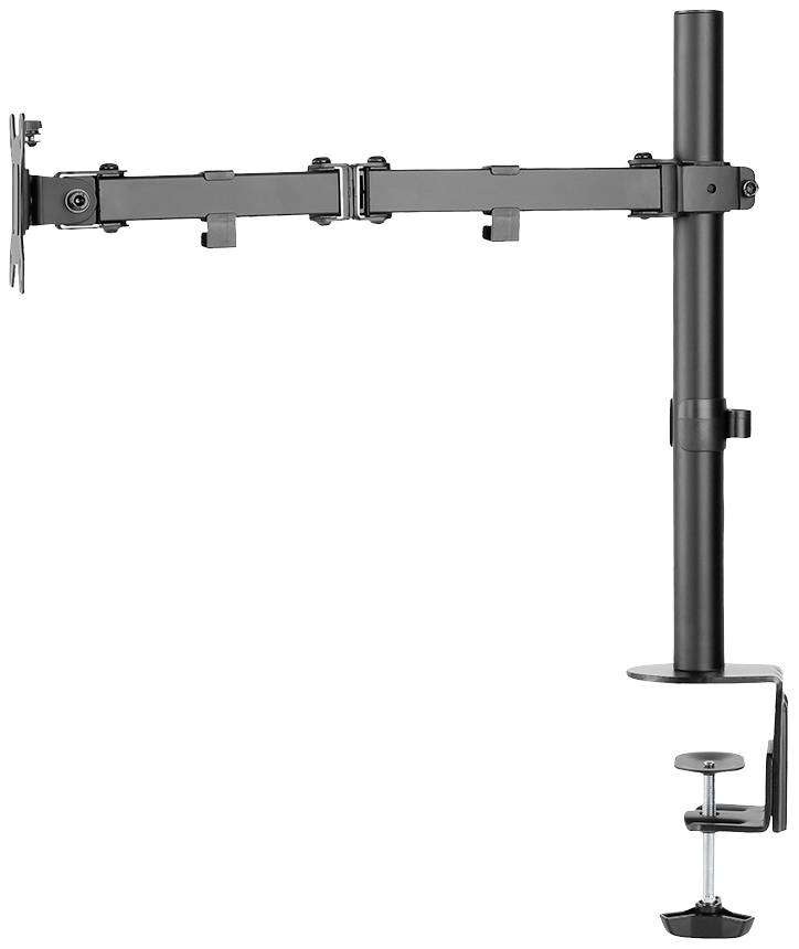 Schwarzer Monitorarm mit verstellbaren Gelenken zur Befestigung an einem Schreibtisch. Geeignet für flexible Bildschirmplatzierung.