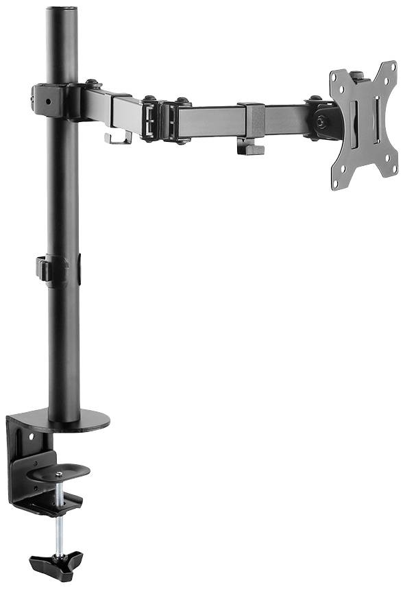Ein schwarzer Monitorarm aus Metall mit Klemmbefestigung, geeignet zur Anbringung eines Computerbildschirms an einem Schreibtisch.