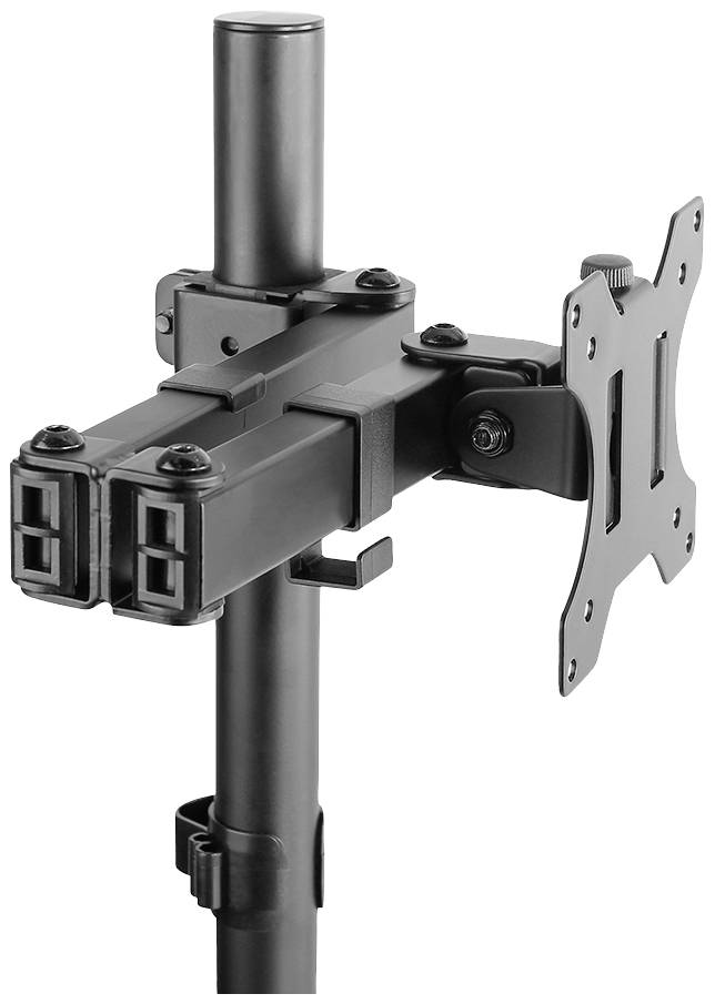 Befestigungshalterung für Monitore mit verstellbarem Arm an einem vertikalen Stab, geeignet für VESA-kompatible Bildschirme.