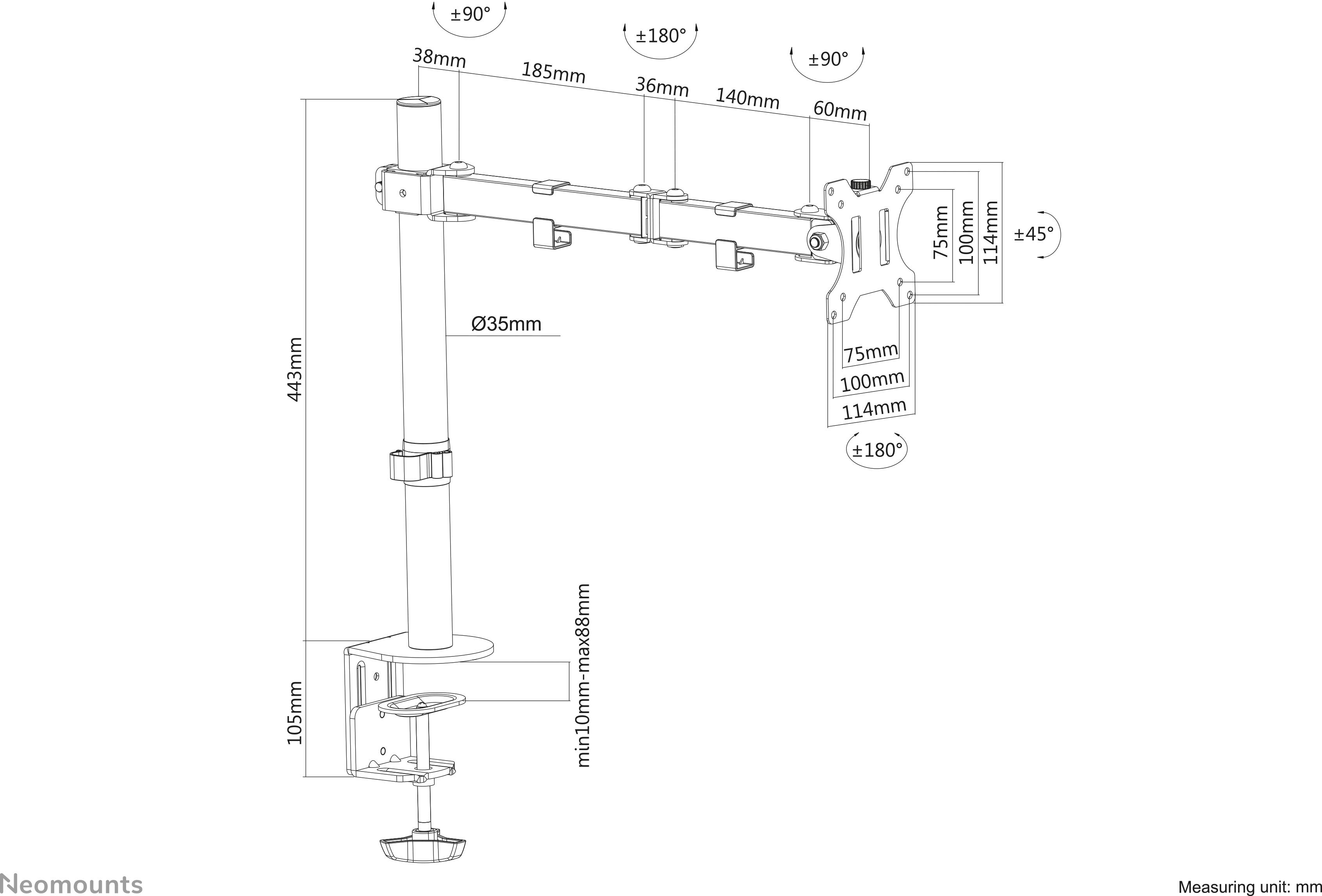 Der Schwenkarm ist 443 mm hoch mit einer einstellbaren Armlänge von 349 mm und einer Tragfähigkeit für 75x75 bis 100x100 mm Monitore.