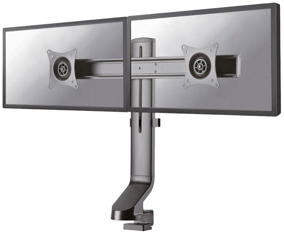 Doppelter Monitorhalter mit verstellbarem Schwenkarm, geeignet zur Befestigung von zwei Monitoren. Ideal für ergonomische Arbeitsplätze.