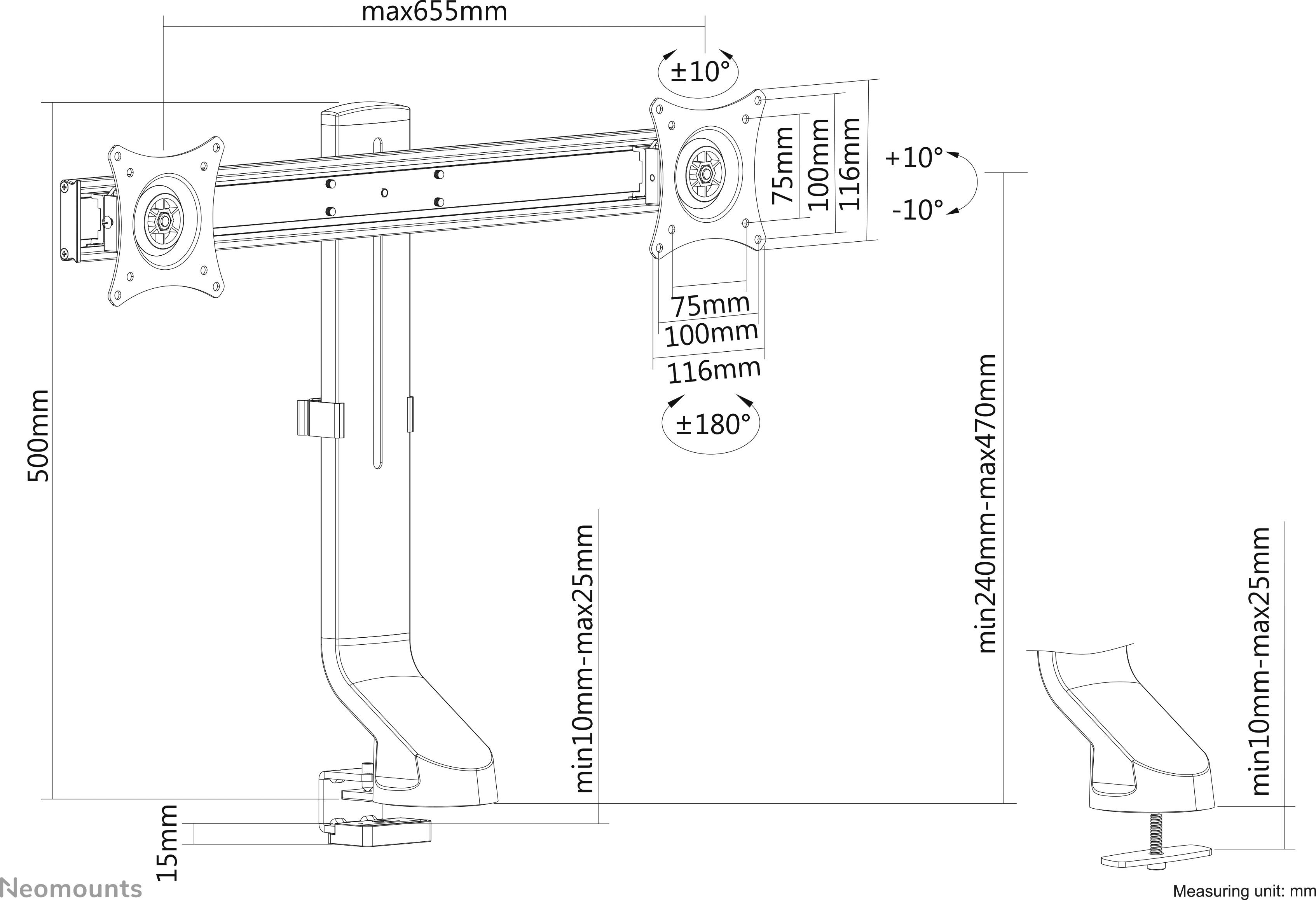 Technische Zeichnung einer verstellbaren Monitorhalterung mit Maßen. Maximaler Armabstand: 655mm. Neigungswinkel: +10°/-10°.