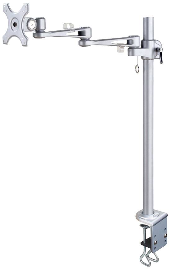 Ein silberner Monitorarm mit verstellbaren Gelenken und Klemme zur Befestigung an einem Tisch. Geeignet zur flexiblen Monitormontage.
