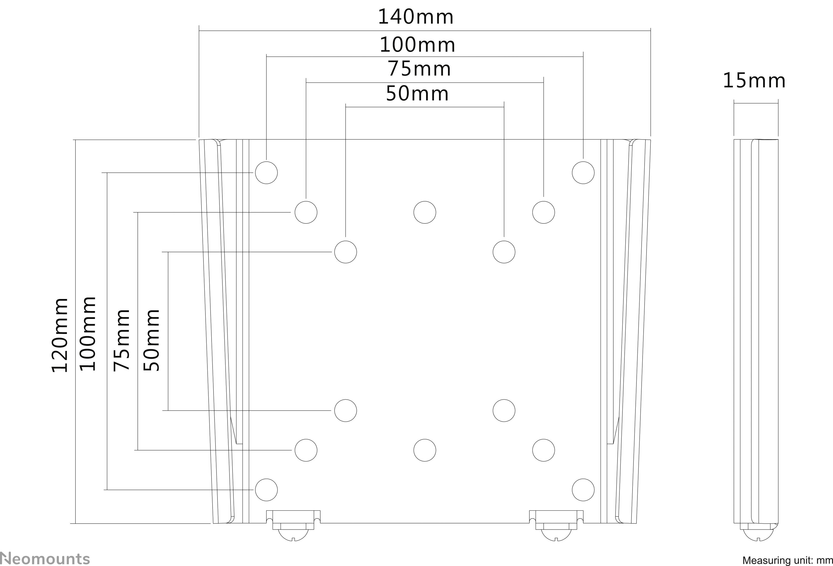 Technische Zeichnung eines Montagesystems mit Maßen: 140x120mm, 100x100mm, 75x75mm, 50x50mm. Seitliche Tiefe: 15mm. Einheit: mm.