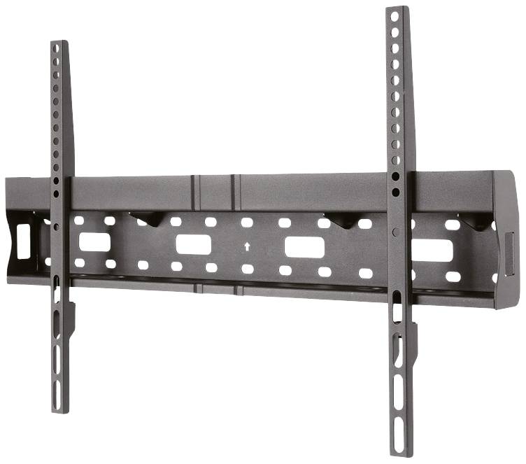 Eine schwarze TV-Wandhalterung mit zwei vertikalen Halterungen und mehreren Löchern für variable Bildschirmgrößen und Wandbefestigung.