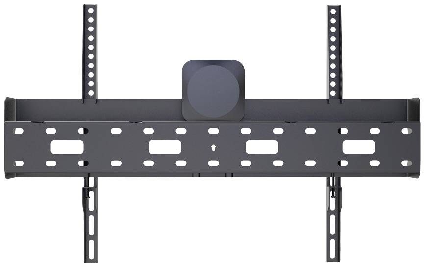Eine schwarze TV-Wandhalterung mit verstellbaren Armen und Befestigungslöchern, ausgelegt für eine robuste und sichere Montage.