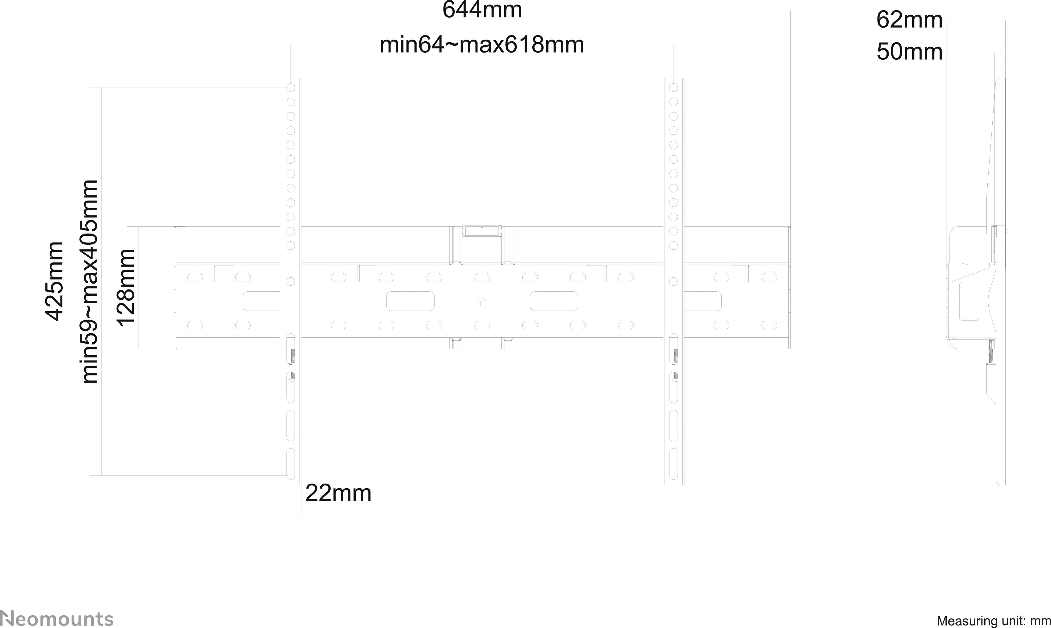 Diagramm einer TV-Wandhalterung mit Abmessungen: Breite 644mm, Höhe 425mm, Tiefe 22mm. Vertikale Anpassung min. 64mm, max. 618mm.