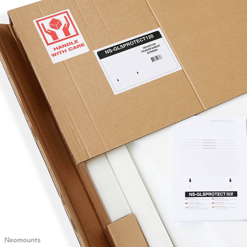 Ein brauner Karton mit der Aufschrift 'HANDLE WITH CARE' enthält ein Produkt, das als 'NS-GLSPROTECT120' gekennzeichnet ist.