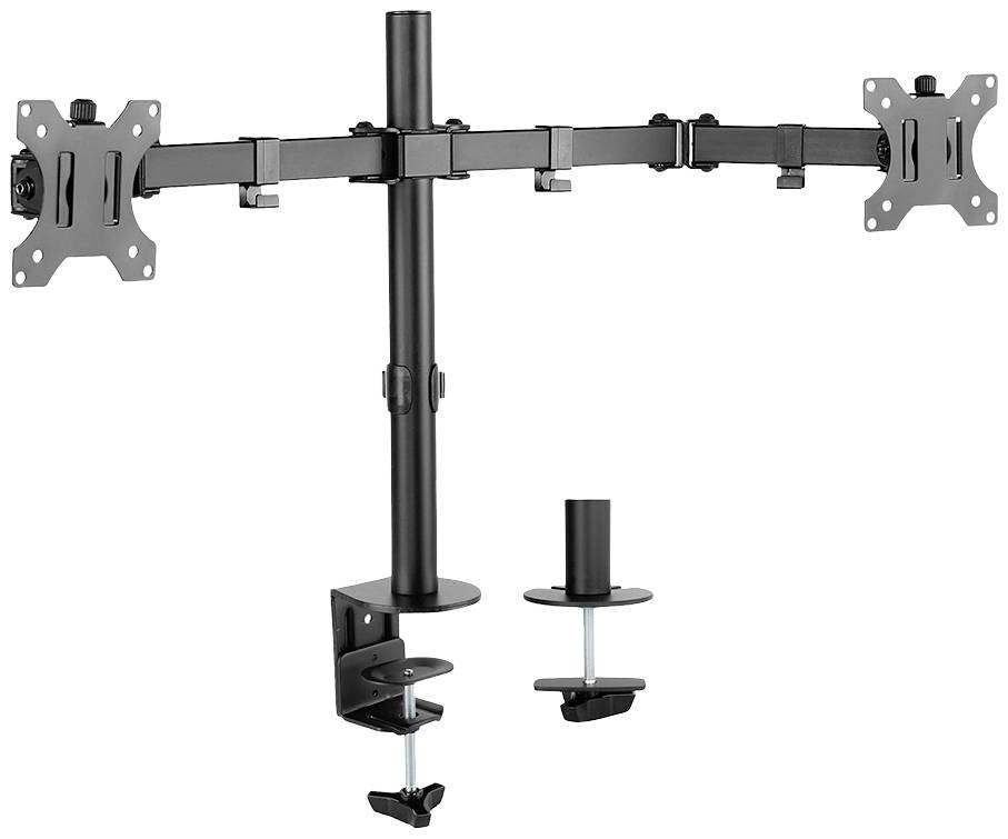 Doppel-Monitorhalterung aus Metall, höhenverstellbar, zur Tischbefestigung. Geeignet für zwei Monitore.