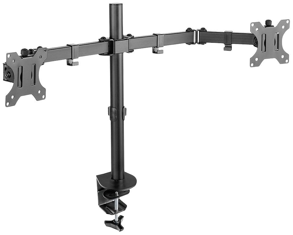 Dual-Monitor-Halterung aus schwarzem Metall mit verstellbaren Armen und Tischklemme zur Befestigung. Ideal für ergonomische Bildschirmaufstellung.