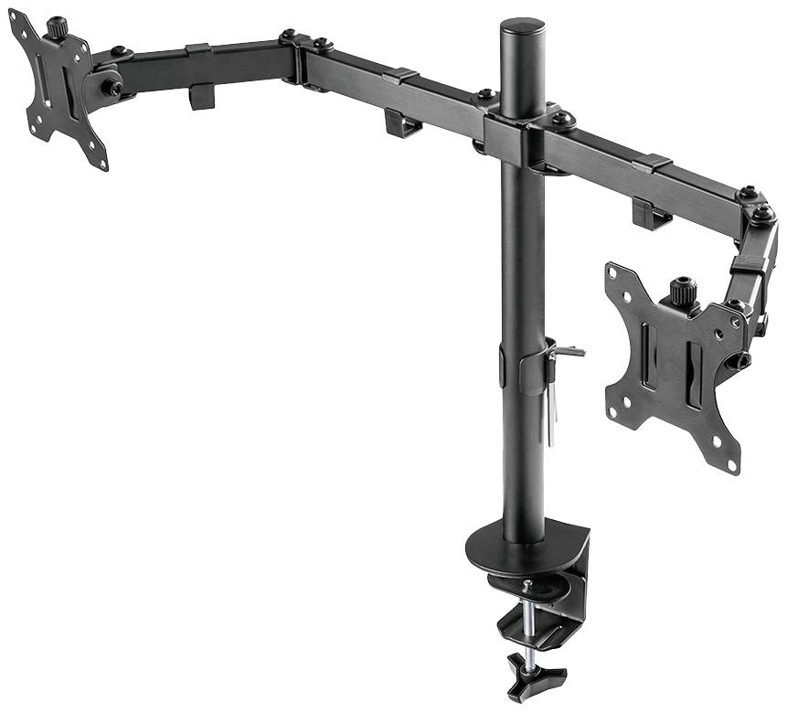Doppelte Monitorhalterung aus schwarzem Metall, mit verstellbaren Armen und Klemme zur Befestigung an Schreibtischkanten. Geeignet für zwei Monitore.