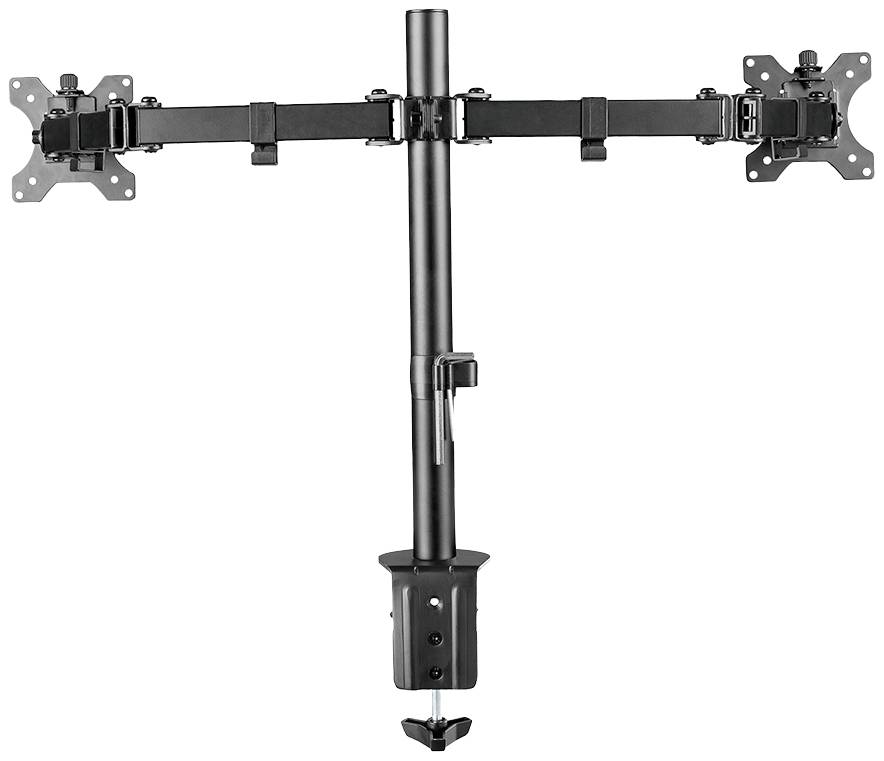 Monitorhalterung aus schwarzem Metall mit zwei Armen, die je einen Monitor tragen können. Sie ist auf einem zentralen, verstellbaren Standfuß montiert.