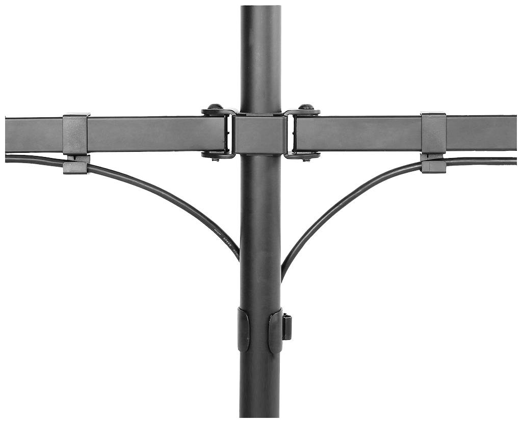 Schwarze Metallhalterung mit Kabelmanagementsystem, an der zwei horizontale Stangen befestigt sind. Geeignet für Bildschirmaufstellung.