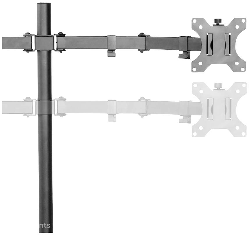 Doppelarm-Monitorhalterung aus Metall, schwarz, mit zwei VESA-Halterungen. Eine Halterung ist hervorgehoben, die andere ausgegraut.