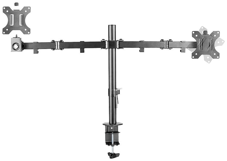 Monitorhalterung mit zwei verstellbaren Armen, die sich nach links und rechts erstrecken. An jeder Seite ist eine VESA-Platte zur Befestigung.
