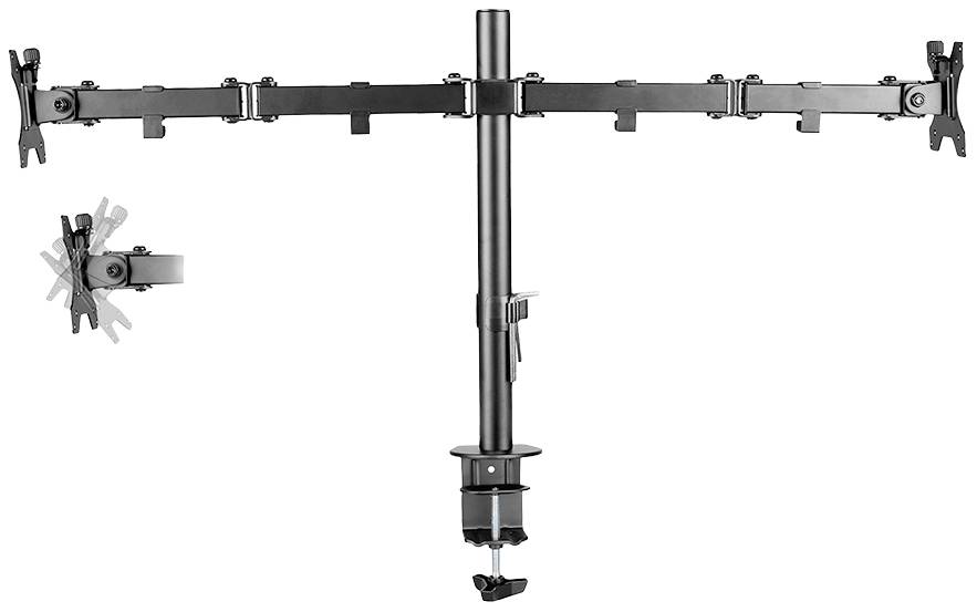 Monitorhalterung für zwei Bildschirme, schwarz, mit verstellbaren Armen und Klammerbefestigung für Schreibtischmontage.