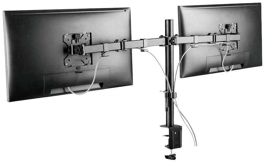 Dual-Monitorhalterung aus Metall, befestigt an einem Tischrand. Beide Monitore sind horizontal ausgerichtet, Kabel sind angeschlossen.