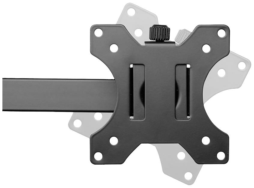 Ein schwarzer TV- oder Monitorhalterung an einer Stangenhalterung, montiert für flexible Positionierung.