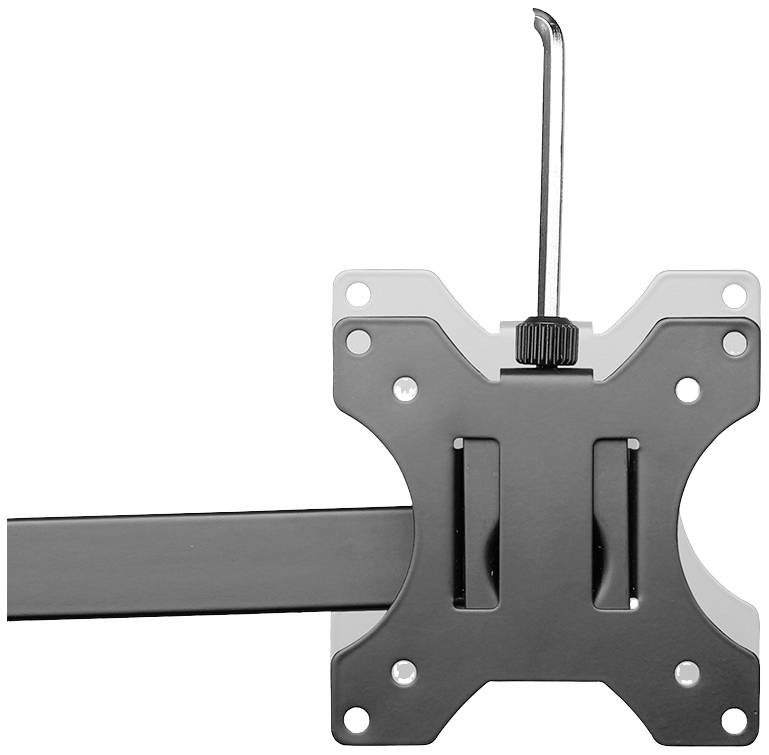 Metallische Halterung mit Arm für Monitor oder TV, erkennbar an VESA-Löchern und einem Befestigungshaken oben. Schwarzes Design.