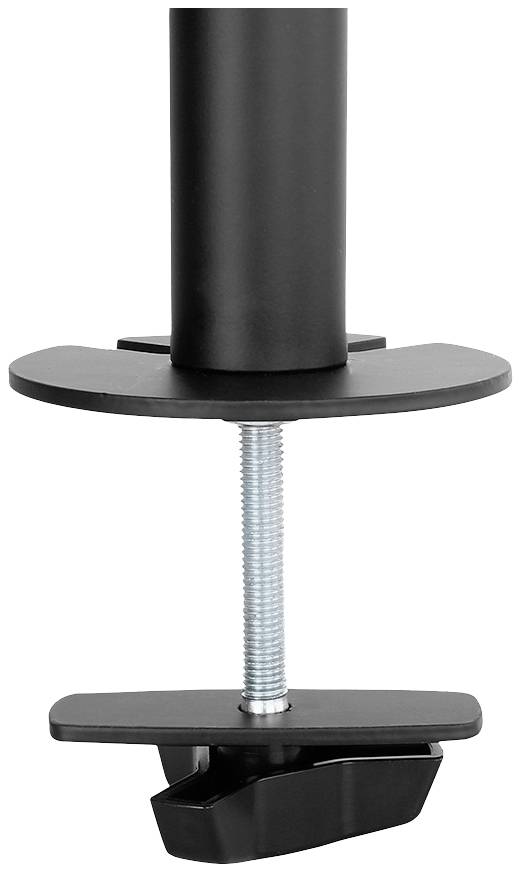 Schwarze, verstellbare Tischklemme mit Schraubmechanismus zur Befestigung eines Monitorständers an der Tischkante.