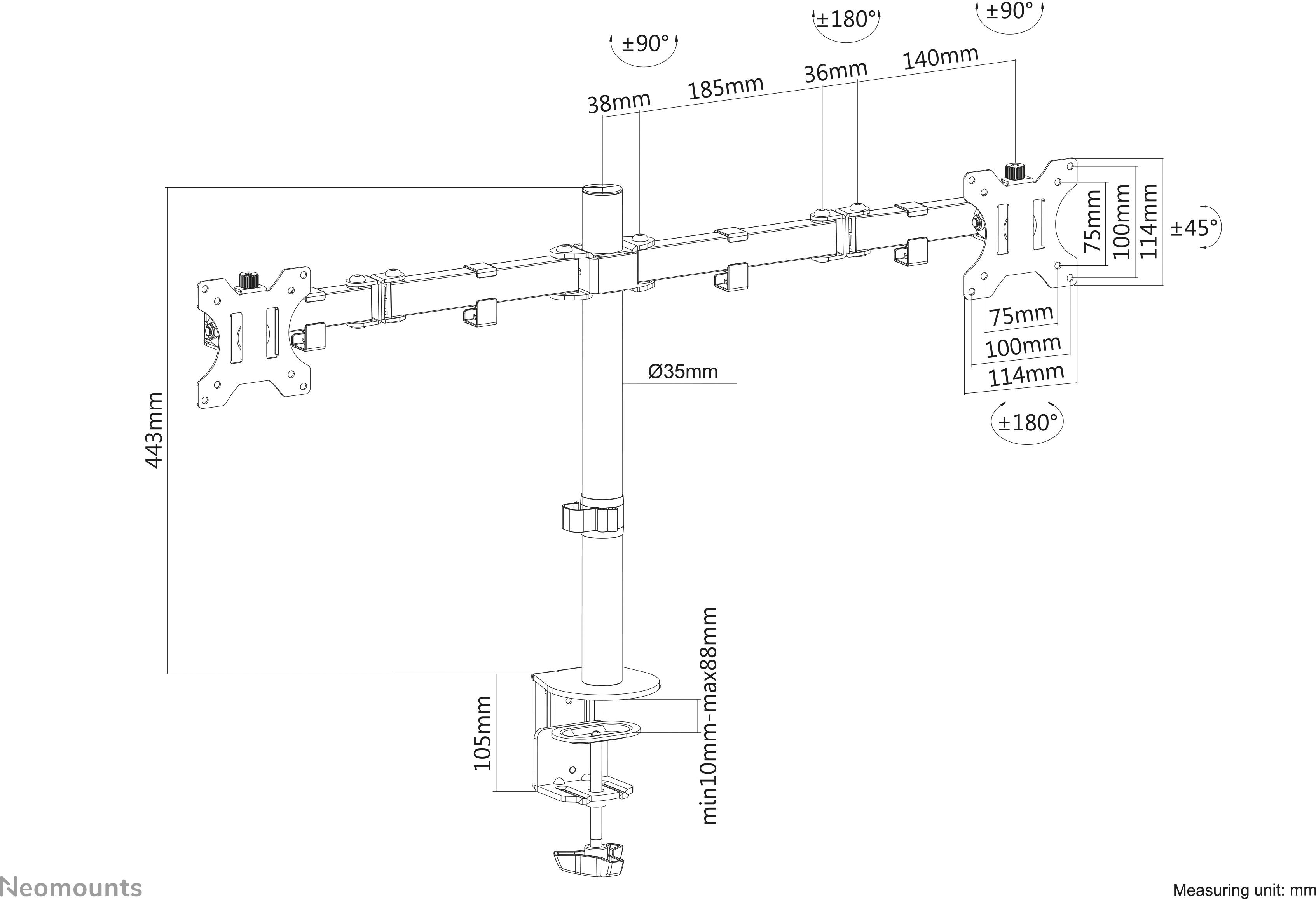 Zeichnung von einem dualen Monitorarm mit Maßen. Höhe 443mm, Breiteverstellbar, rotierbar um 180°. Details zu Neigung und Anpassungsbereich enthalten.