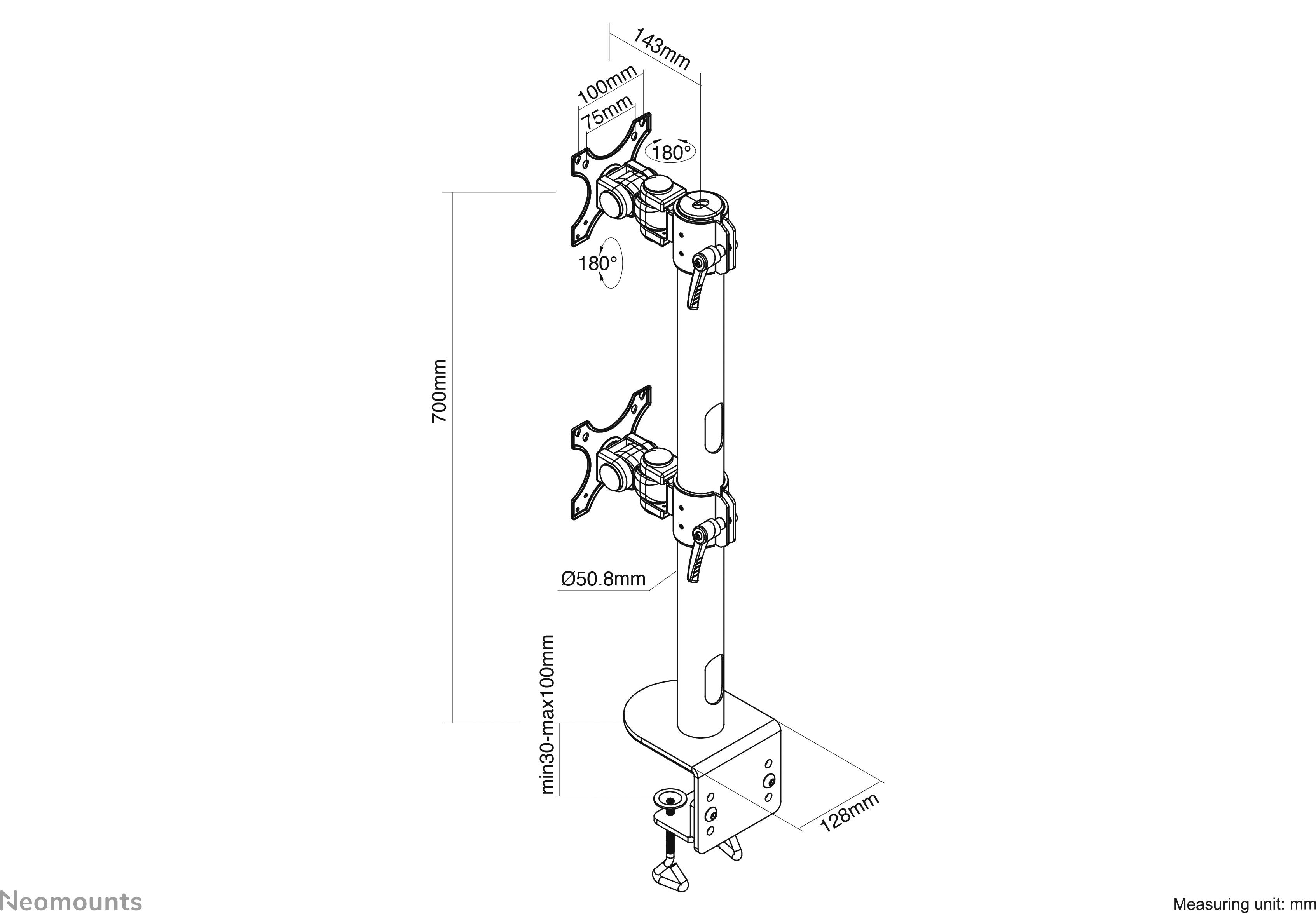 Diagramm eines verstellbaren Monitorarms mit Abmessungen. Höhe 700mm, Breite 143mm. Maximal 2 Monitore, neigbar und schwenkbar.