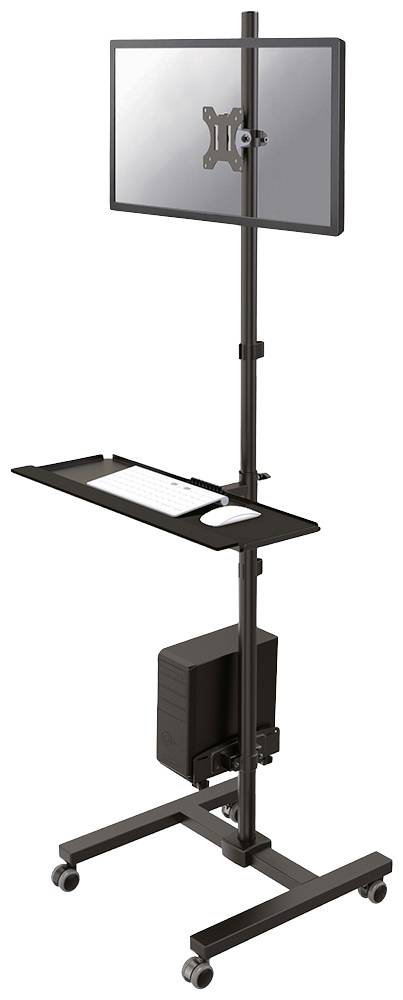 Höhenverstellbarer Rollwagen mit Monitorhalterung, Tastaturablage und Computerfach. Ideal für flexible Arbeitsplatzgestaltung.