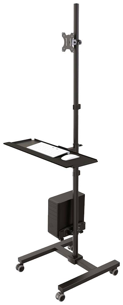 Verstellbarer schwarzer Computertisch auf Rollen mit Monitorhalterung und Ablage für Tastatur.