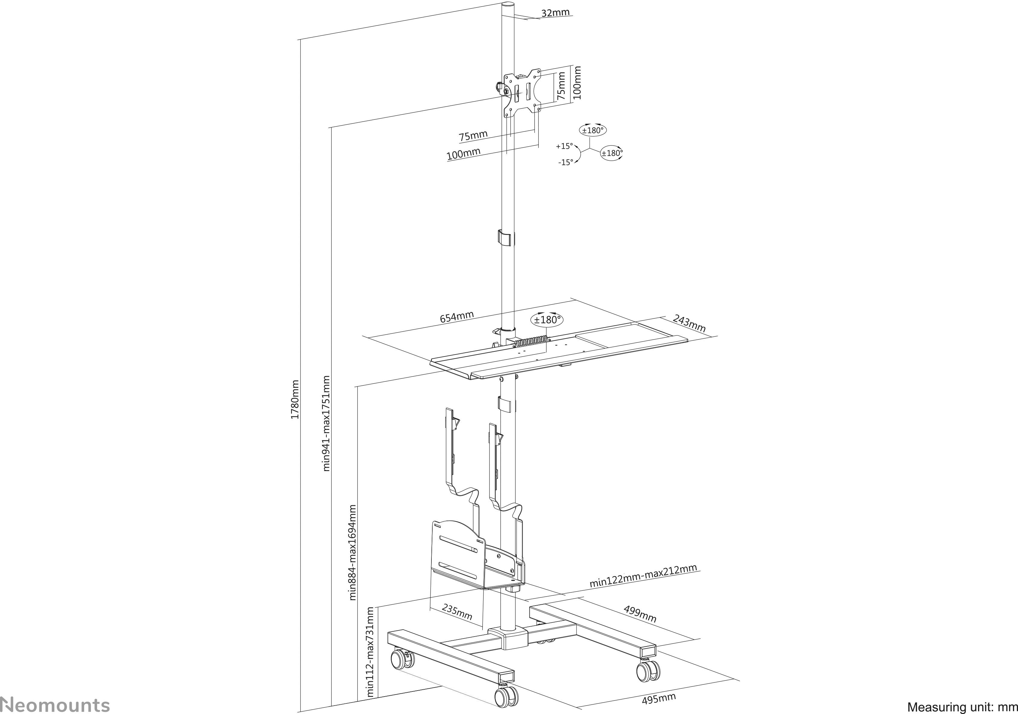 Maße eines höhenverstellbaren Bildschirmständers mit Rollen. Details zu Höhen- und Breitenmaßen jeder Komponente in Millimetern.