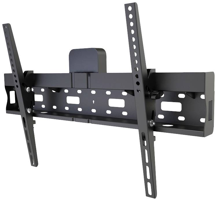Wandhalterung für Flachbildfernseher, neigbar, aus schwarzem Metall, mit Löchern zur Montage an der Wand und Anpassung an verschiedene TV-Größen.