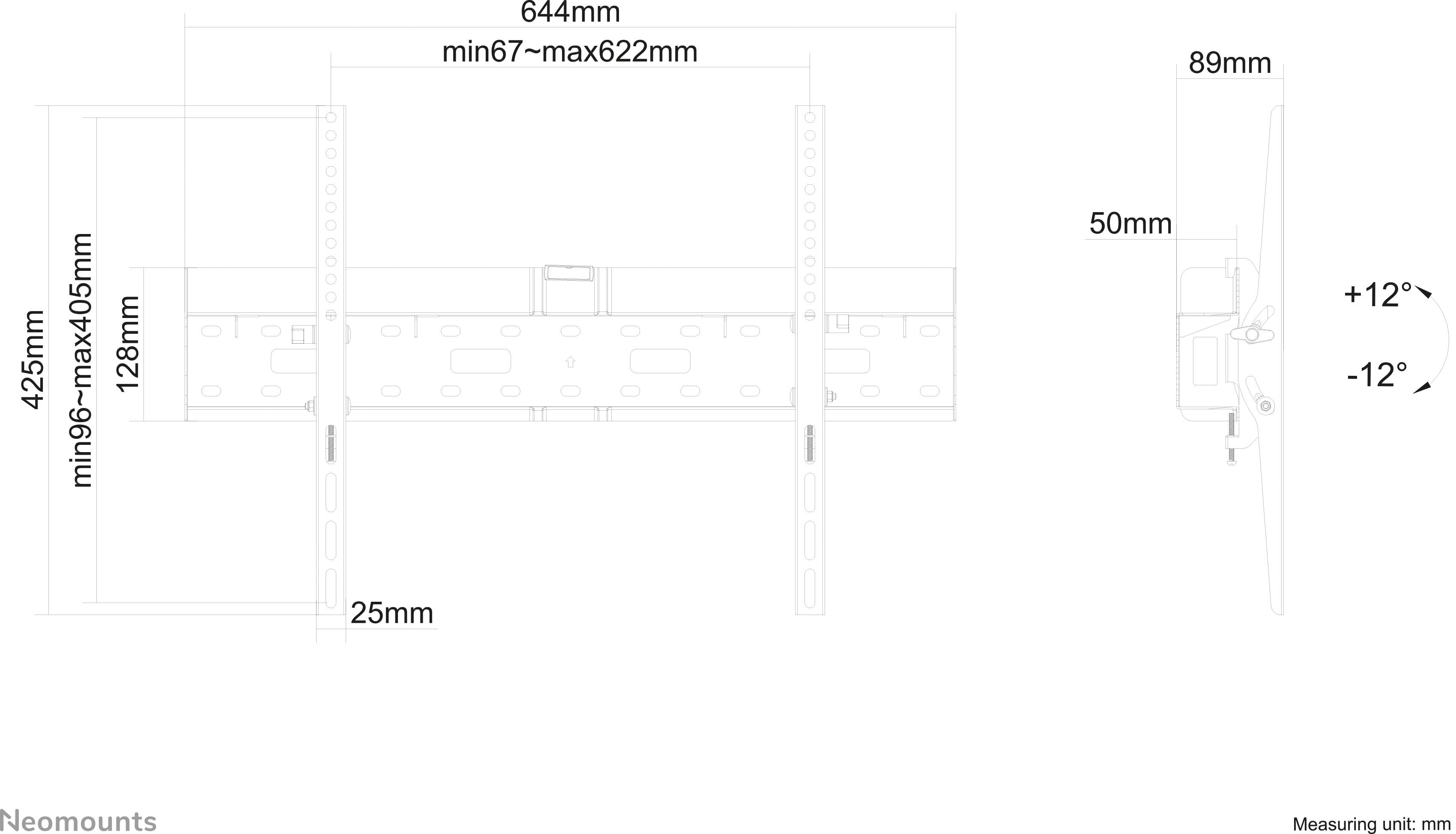 Montageanleitung für eine Monitorhalterung: Breite 644mm, Höhe einstellbar von 96 bis 505mm, Neigung von +12° bis -12°.