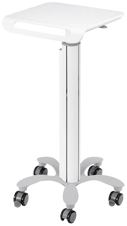 Ein weißer mobiler Ständer mit fünf Rollen und einem flachen Tisch oben, geeignet für Büro- oder medizinische Geräte.