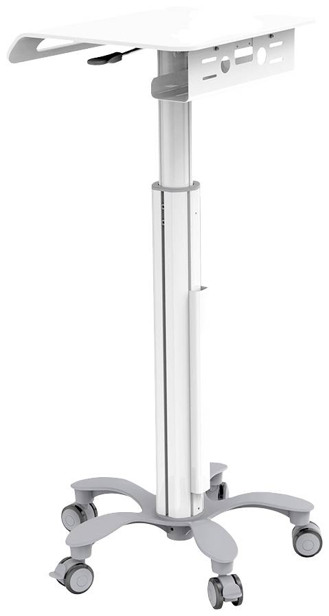 Rollbarer weißer Stehtisch mit verstellbarer Höhe, geeignet für flexibles Arbeiten, auf vier Rädern für einfache Beweglichkeit.