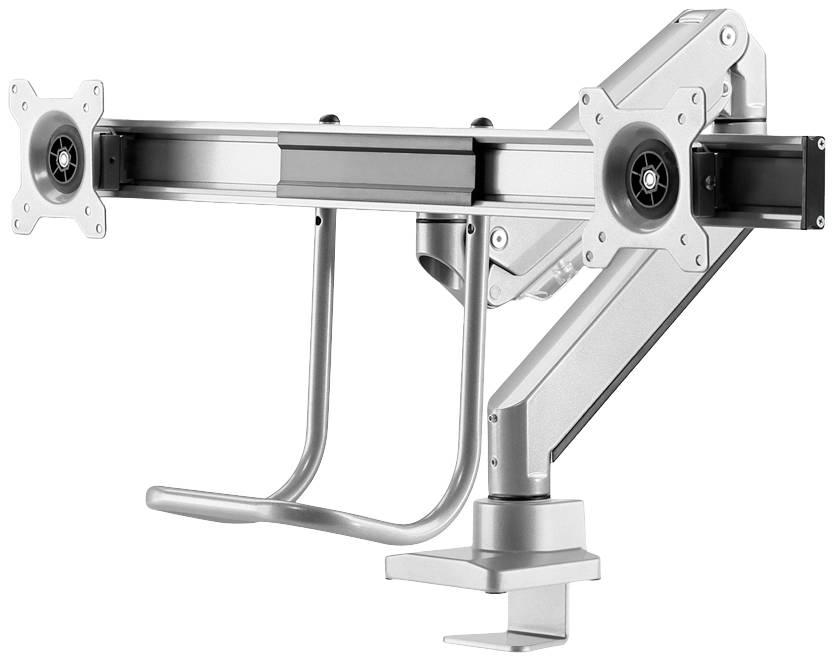 Silberner, verstellbarer Monitorarm mit zwei Halterungen für die Befestigung an einem Schreibtisch. Ideal zur Ergonomieoptimierung am Arbeitsplatz.