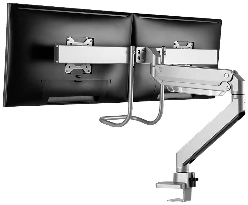 Doppel-Monitorhalterung aus Metall mit zwei angebrachten Bildschirmen, zeigt eine flexible Positionierung und Platzersparnis auf Schreibtischen.