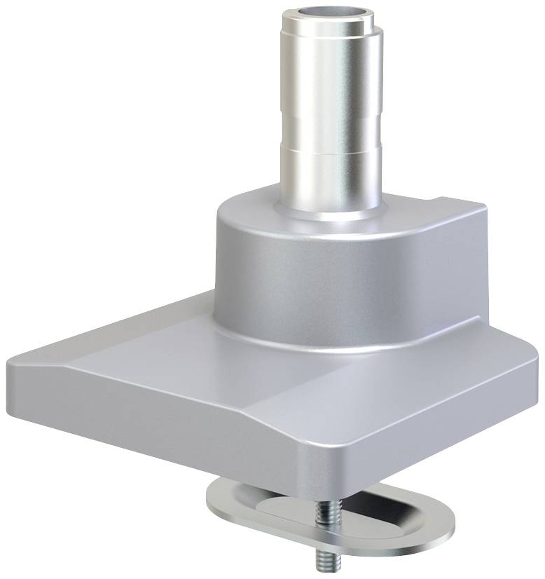 Metallische, trapezförmige Halterung mit zylindrischem Rohrstück. Verwendet als Befestigungselement, stabil und modern designt.