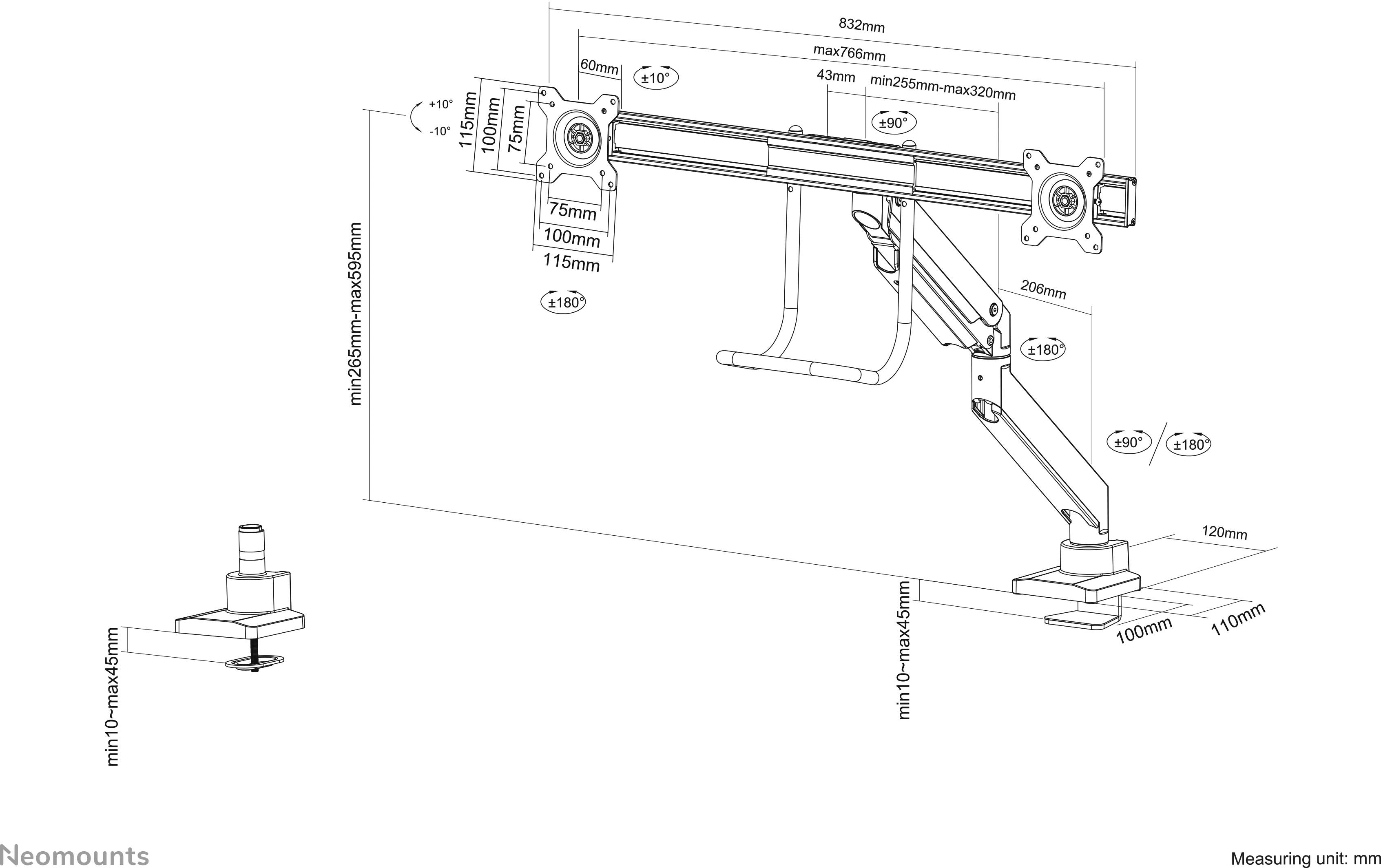 Zeichnung eines doppelarmigen Monitorhalters mit Detailmaßen. Zeigt maximal und minimal verstellbare Höhen und Abstände der Halterungen.