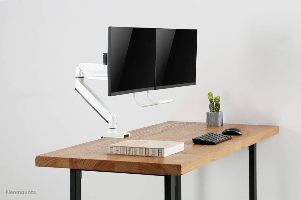Ein Schreibtisch mit einem Doppelmonitor, einer Tastatur und einer Maus. Ein kleiner Kaktus in einem Topf steht daneben.