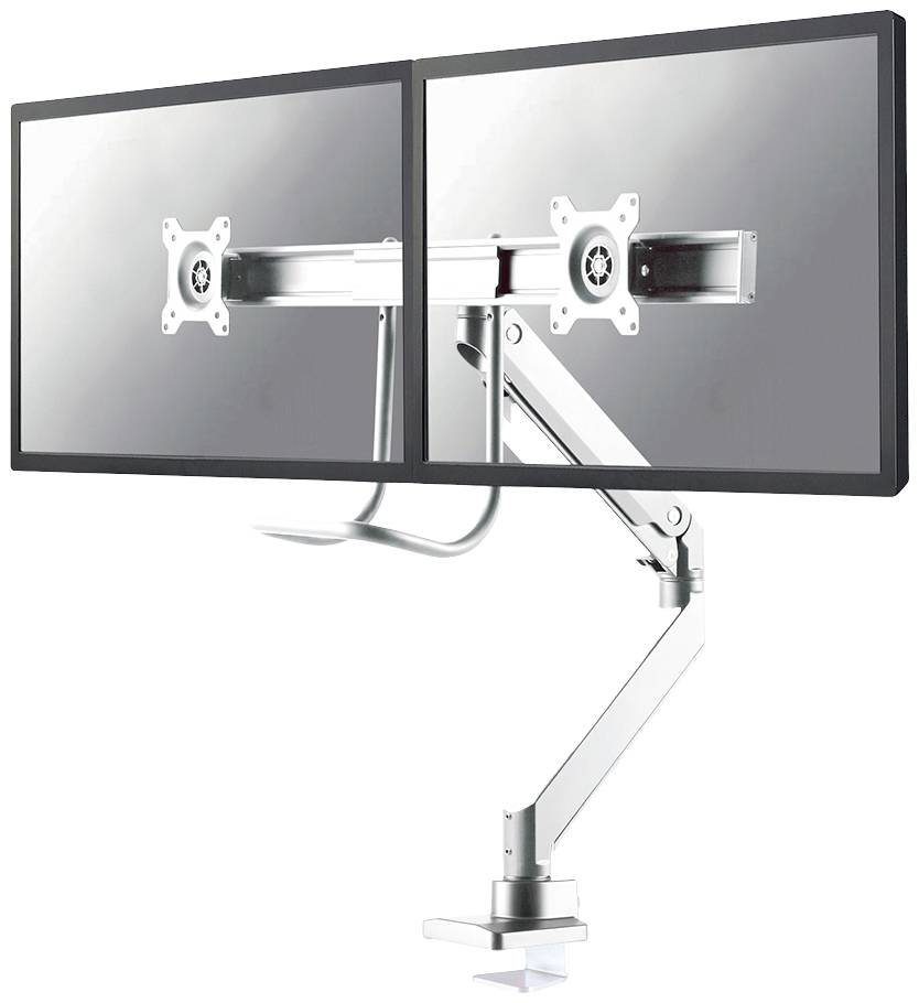 Ein doppelter Monitorarm mit zwei angebrachten Bildschirmen, die nebeneinander ausgerichtet sind. Der Arm ist an einem Tisch befestigt.