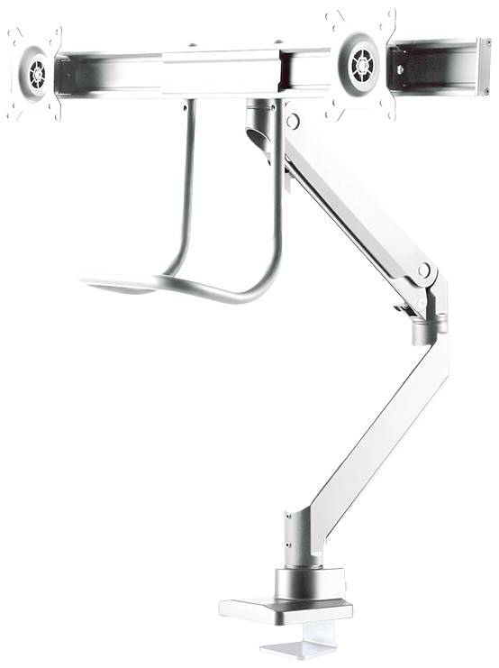 Ein höhenverstellbarer Monitorarm aus Metall zur Befestigung an einem Tisch, geeignet für zwei Bildschirme.