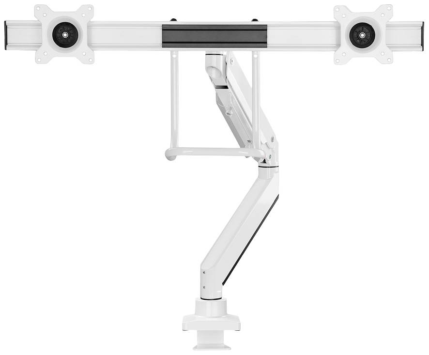 Dual-Monitorhalterung in Weiß mit verstellbarem Arm, geeignet zur Befestigung von zwei Bildschirmen an einem Schreibtisch.