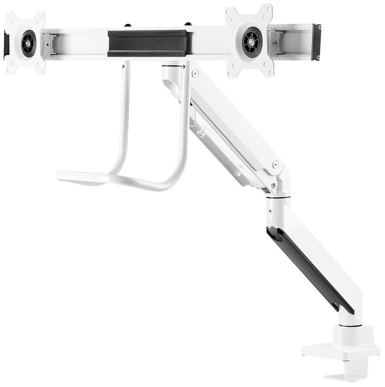 Ein dualer Monitorarm zur Tischmontage mit verstellbaren Halterungen, geeignet für zwei Bildschirme. Farbe: Weiß und Schwarz.