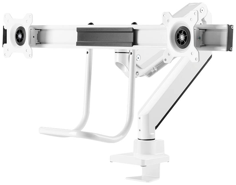 Ein weißer, zweifacher Monitorarm mit flexiblen Gelenken zur Befestigung an einem Tisch, ermöglicht die Anpassung der Monitore.