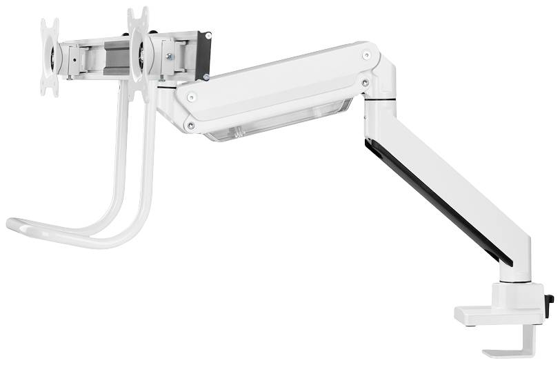 Ein weißer Monitorarm mit einem flexiblen Gelenk zur Befestigung an einem Tisch, geeignet für zwei Monitore bis zu 27 Zoll.