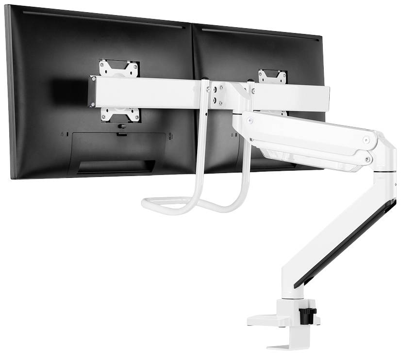 Ein weißer, verstellbarer Doppelmonitor-Arm hält zwei schwarze Bildschirme und ist an einer Tischkante befestigt.
