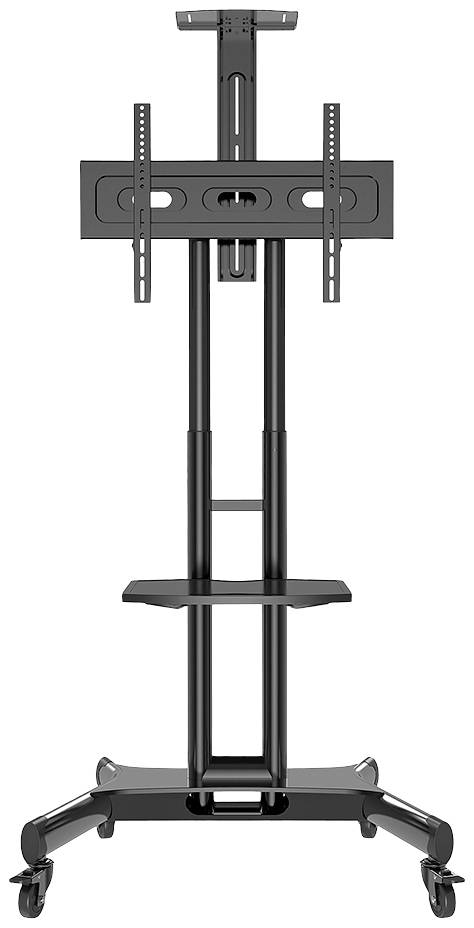Mobiler TV-Ständer mit Rollen, höhenverstellbar, mit Ablagefläche und Halterung für große Bildschirme. Ideal für flexible Präsentationen.