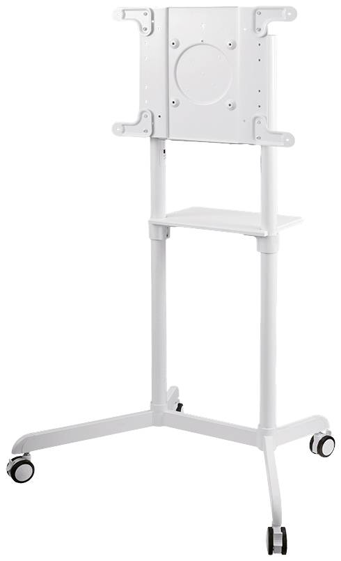 Weißer, mobiler Monitorständer auf Rollen. Er hat eine rechteckige Halterung zur Befestigung eines Bildschirms und eine Ablagefläche darunter.