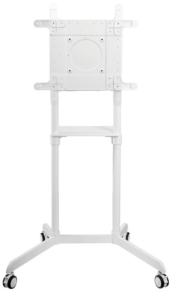 Ein weißer, fahrbarer TV-Ständer mit vier Rädern und einer verstellbaren Halterung für Bildschirme. Ideal für Flexibilität in Büros.