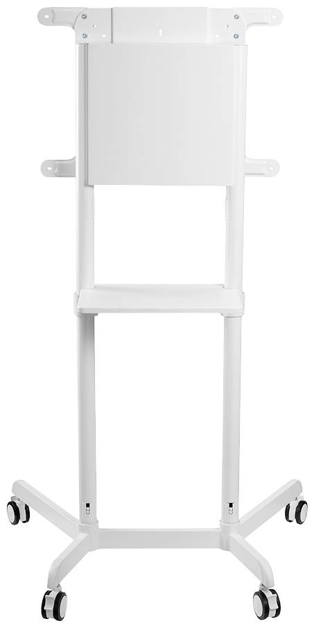 Weißer, mobiler Ständer mit Rädern und länglichem Rahmen, möglicherweise für technische Geräte.