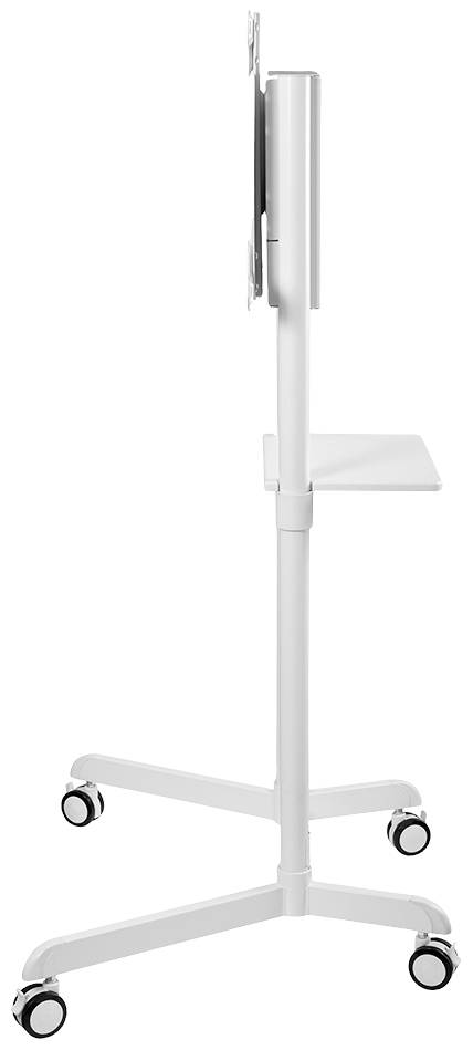 Seitenansicht eines weißen, rollbaren TV-Ständers mit flachem Bildschirmhalter und integriertem Ablagefach unten.